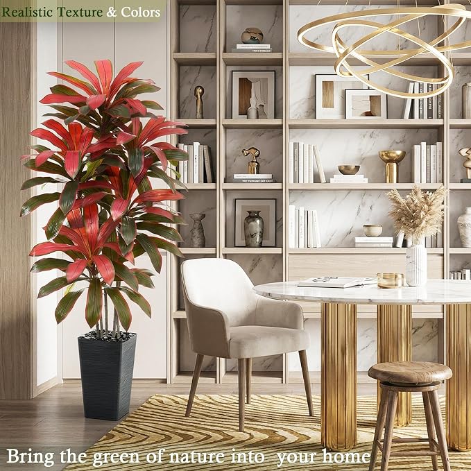 Artificial Dracaena Tree: 5FT Fake Plants Silk Faux Trees（Black Pot） | - Image 6
