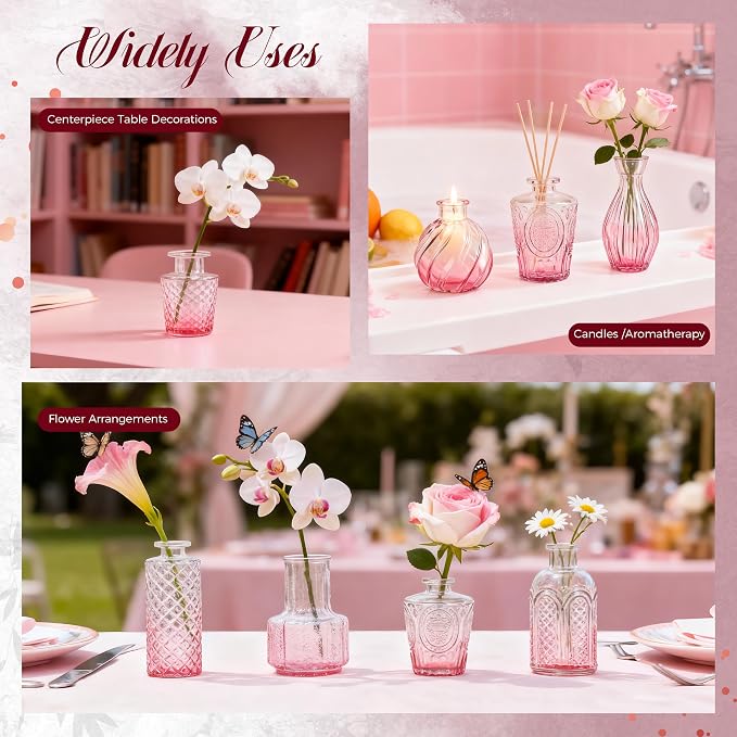 Der Rose 20pcs Glass Bud Vases, translucent glass, vintage etched patterns - Image 6