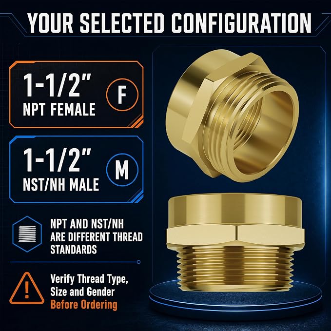 1-1/2" NPT Female x 1-1/2" NST/NH Male Fire Hose Adapter | Solid brass - Image 2