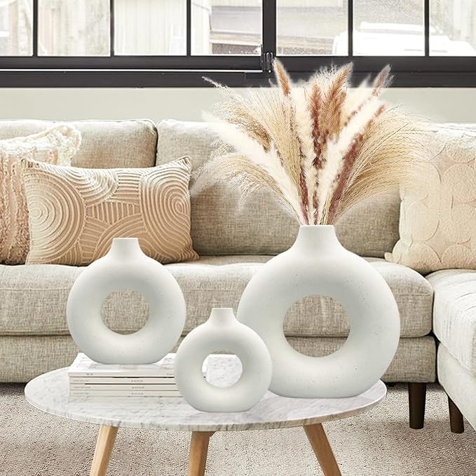 White Ceramic Vases Set 3 for Modern Home Decor, Round Matte Pampas Flower - Image 3