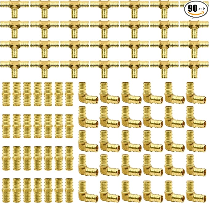 90pcs 1/2" PEX Fittings, Elbow TEE Straight Couplings Set, PEX Brass Crimp by RUBY.Q