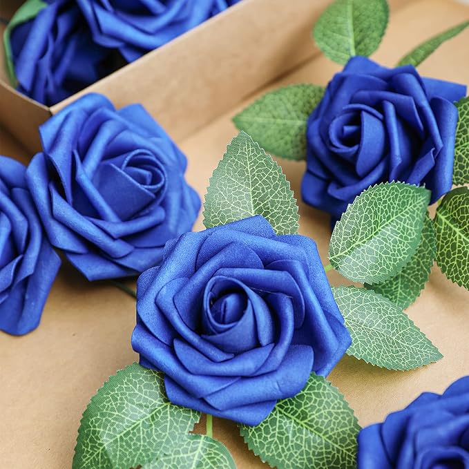 AmyHomie Royal Blue Rose 25pcs Real Looking Artificial Flowers w/Stem | Bouquet - Image 2