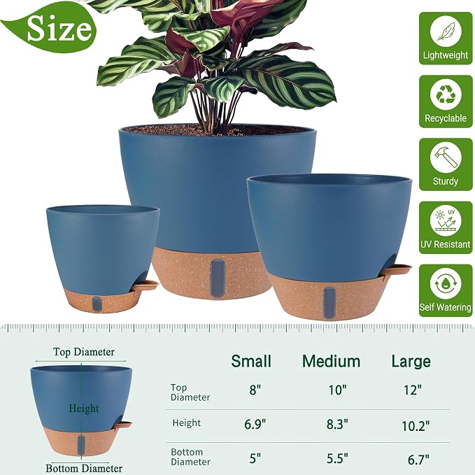 12/10/8 inch Plant Pots, Large Plastic Self Watering Planters | Drainage Holes - Image 3