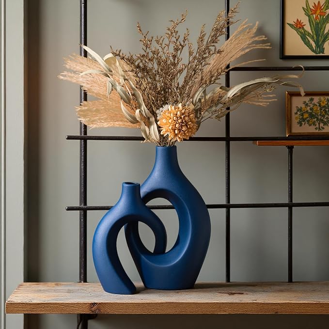 Snuggle Hollow Ceramic Vase Set of 2, 11 inch Modern Nordic Coastal Shaped - Image 9