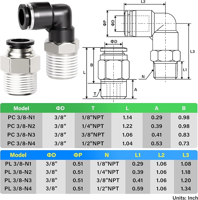 TAILONZ PNEUMATIC Elbow and Straight Combination 3/8 Inch Tube OD x 3/8 Inch - Image 2
