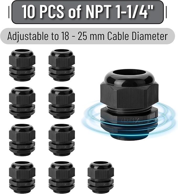 Bates- Cable Gland, 10 Pack, 1 1/4" NPT Nylon Strain Relief Cord Connector - Image 2