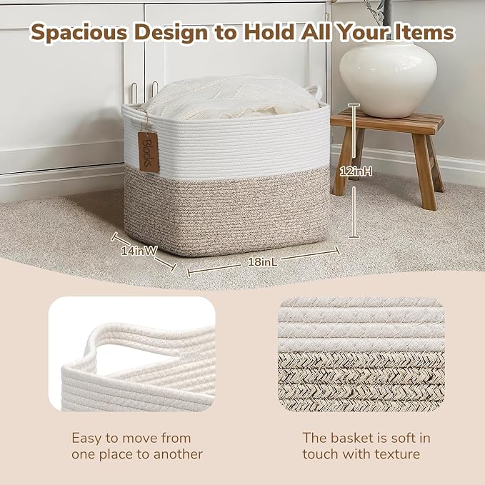 Goodpick 50L Large Woven Rope Storage Basket, Light Brown | 18" × 14" × 12" - Image 3