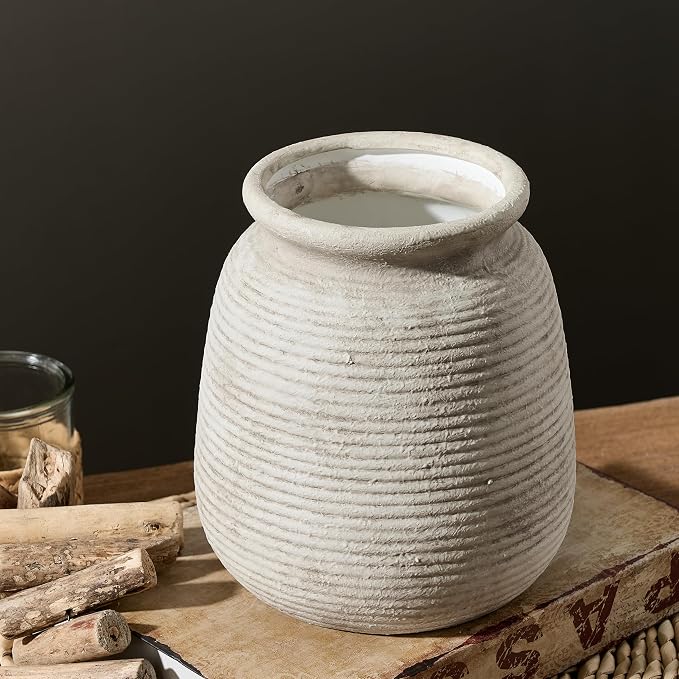 Ceramic Flower Vase, Rustic Farmhouse Decorative Vase Pottery Wide-Mouth Vases - Image 4