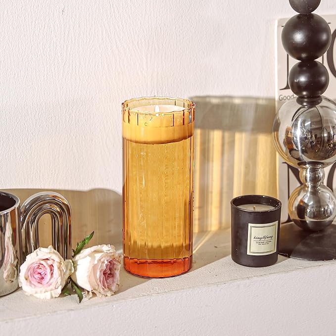 ComSaf Glass Cylinder Vase 8 Inch Tall, Amber Ribbed Decor - Image 7