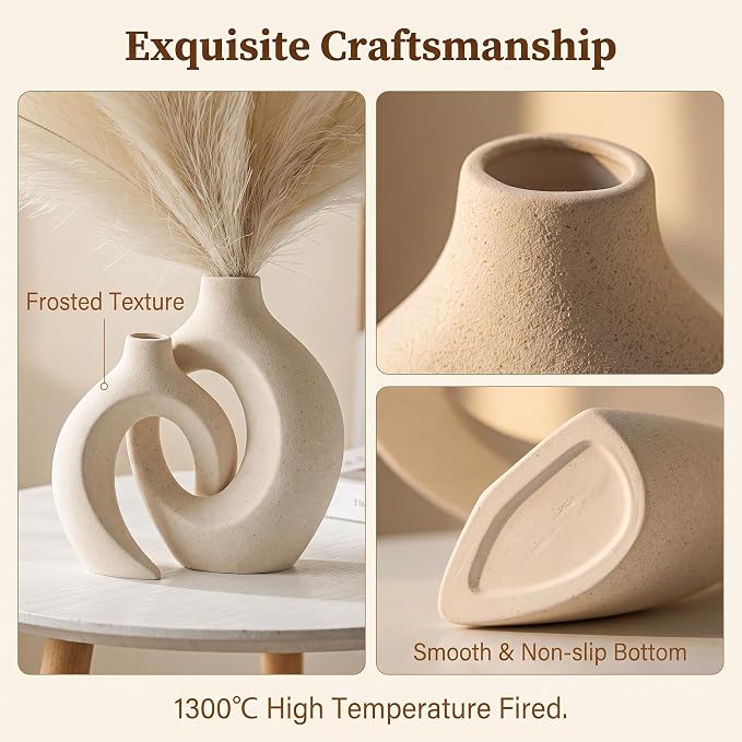 Aesthetic Cream White Ceramic Vase Set of 2, Snuggle Hollow Flower Vase Home - Image 4
