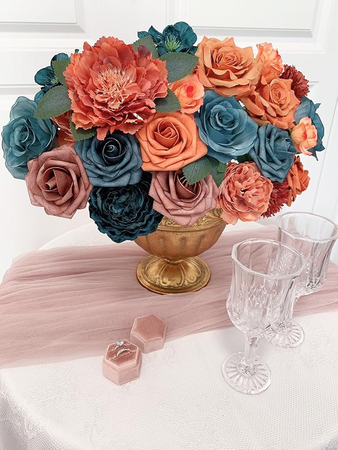 FACINOC Roses Artificial Flowers Teal Orange Bouquet Fall Fake Flower Combo | - Image 7