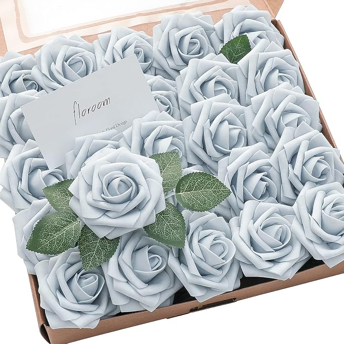 Artificial Flowers 25pcs Real Looking Powder Blue Foam Fake Roses by Floroom