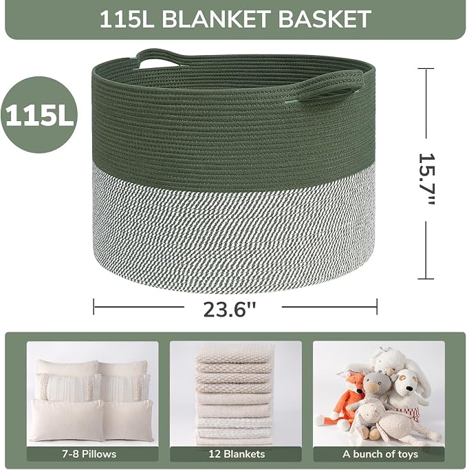 INDRESSME 115L Extra Large Woven Rope Blanket Basket Living Room Green | 23.6" - Image 2
