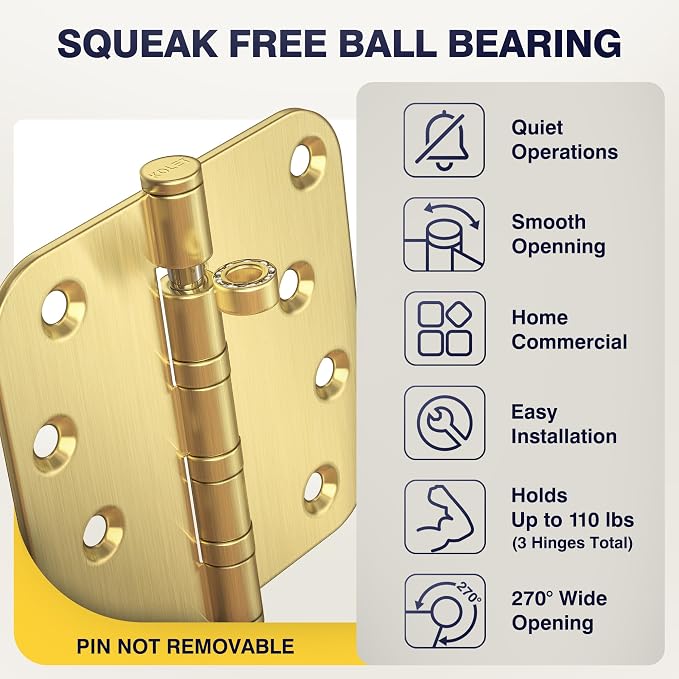 KOLET Gold Door Hinges, 4 x 4 Inches, 5/8" Radius Corner, Satin Gold, 6 Pack | - Image 6