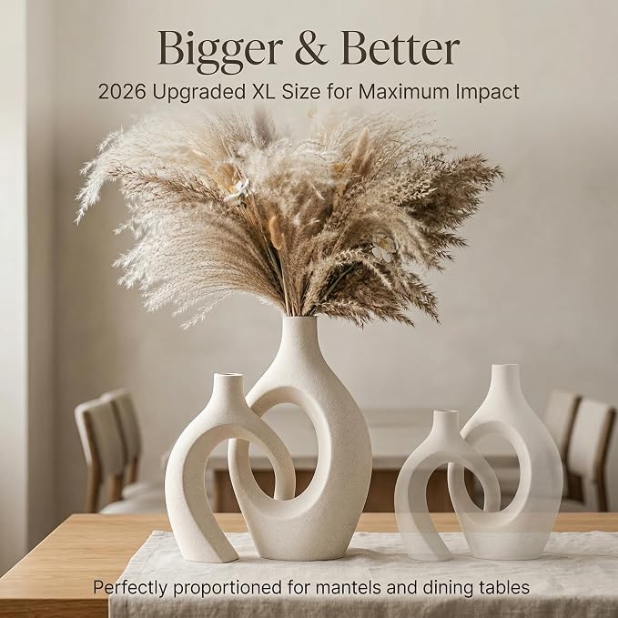 Extra Large Cream White Ceramic Vase Set of 2, Aesthetic Flower Vase Home Decor - Image 2