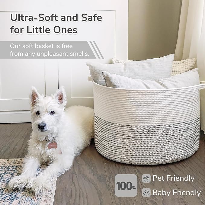 INDRESSME XXXLarge Woven Rope Blanket Basket Living Room White, 90L | 21.7" x - Image 6