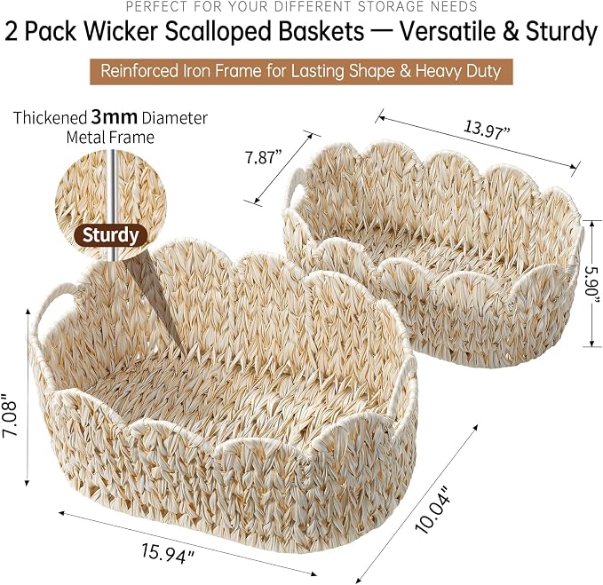 Coeusy Wicker Scalloped Basket Set of 2, Woven Storage Baskets - Image 4