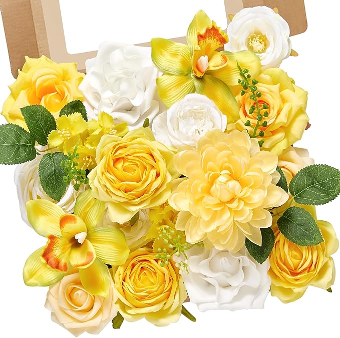 Alecono Yellow Artificial Flowers, Silk Fake Roses Floral Set | by AleconoBetterYourLife