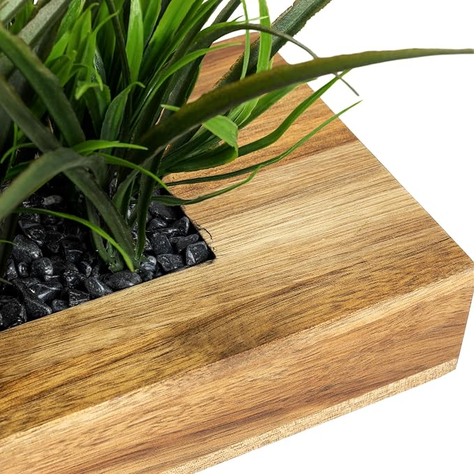MyGift Large Artificial Green Grass Plants Potted in 14 Inch Premium Acacia - Image 6