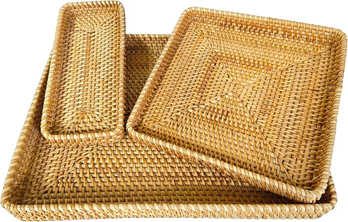 i-lan 17" Large Rattan Nesting Serving Trays, Handwoven Wicker Set of 3 | by ilan