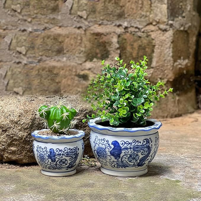 HakkaGirl Blue and White Planters, Succulent Pots Ceramic Plant Pots Indoor - Image 6