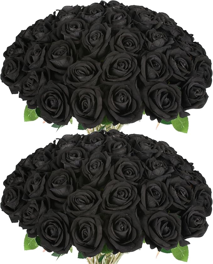 50 PCS Fake Black Roses, Artificial Flowers Bulk, Realistic Silk Faux Roses | by Jefuzh