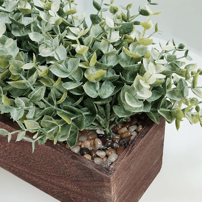 Winlyn 14" Artificial Eucalyptus in Rectangular Wood Planter Box Faux Plants - Image 3
