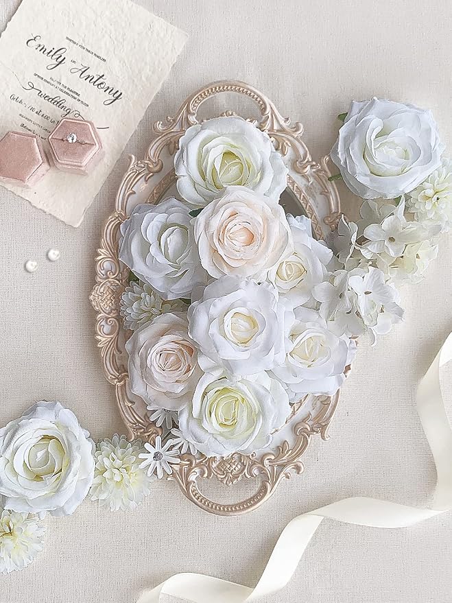 FACINOC Roses Artificial Flowers White Bouquet Fake Flower - Image 3