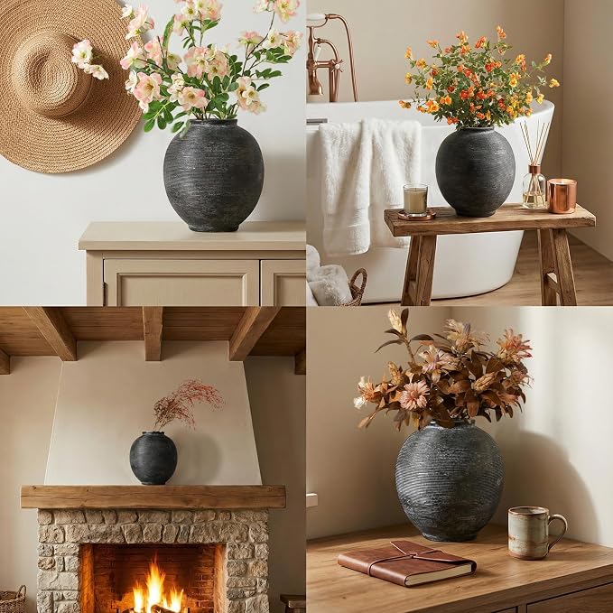 Black Ceramic Flower Vase, 9.8" H, Large Round Table Vase - Image 8