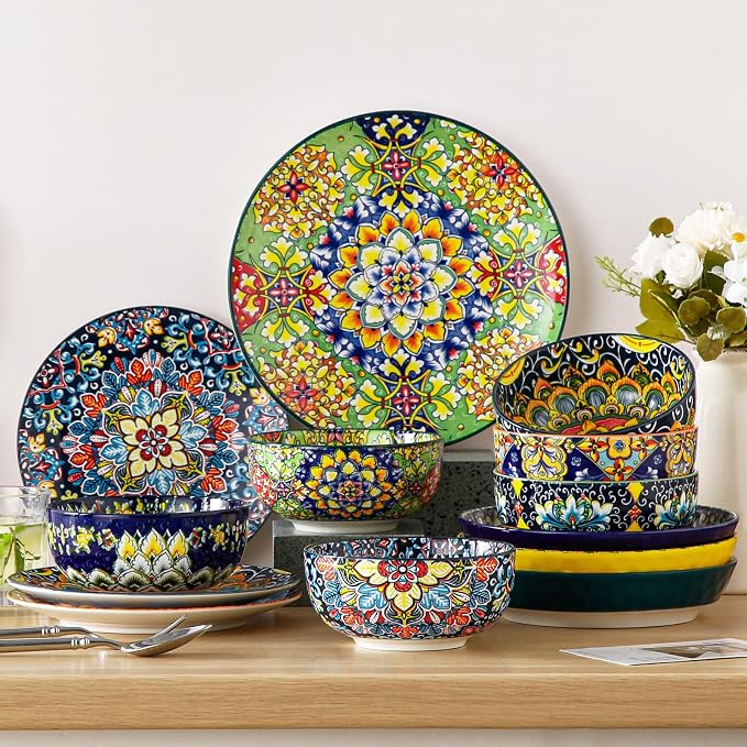 vancasso Cereal Bowls Set of 6, Bohemian Ceramic Soup Bowls, 28 oz Colorful - Image 9