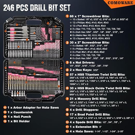 COMOWARE 246 Pcs Drill Bit Set for Cordless Drill, Drill Driver Bit Set for Wood - Image 2