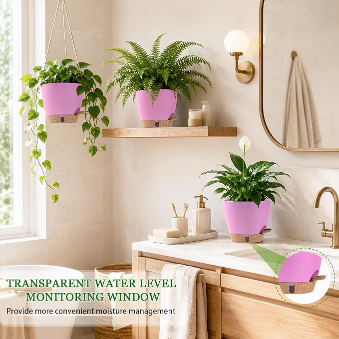 Self Watering Pots for Inoor Ourdoor Plants 8/7/6.5/6/5 Inch, 5 Pack | Plastic - Image 6