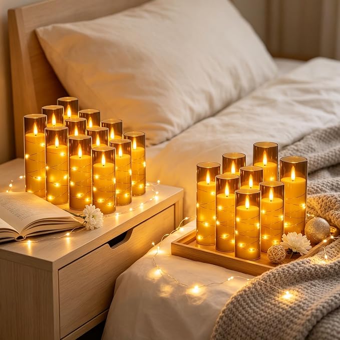 12 Pack Gray Acrylic Flameless Taper Candles, Flickering Black Wick LED Candles - Image 3