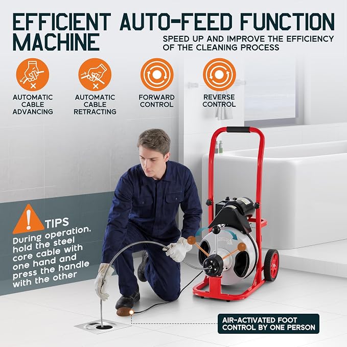 Albott 100 FT x 1/2 Inch Electric Drain Cleaner Machine | Auto-Feed Sewer Snake - Image 5