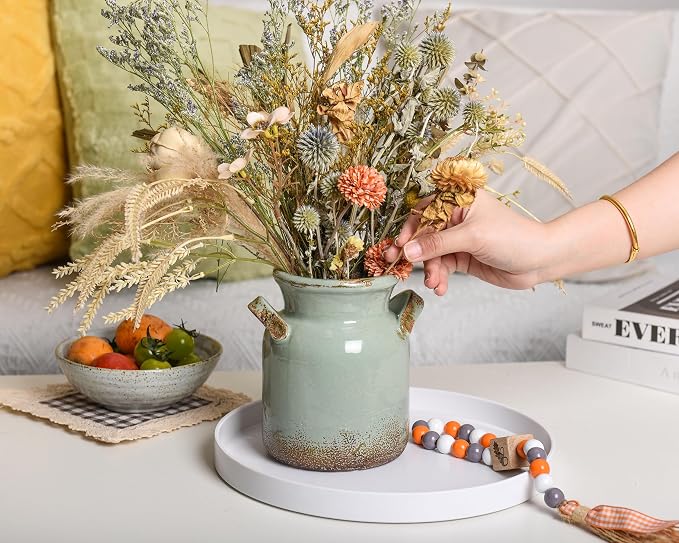 Quoowiit Ceramic Rustic Farmhouse Vase, Distressed Decorative Flower Vases - Image 2