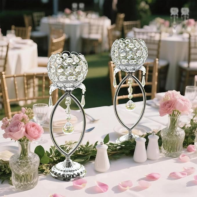 2 Pcs Silver Elegant Metal Crystal Tea Light Candle Holders - Image 6