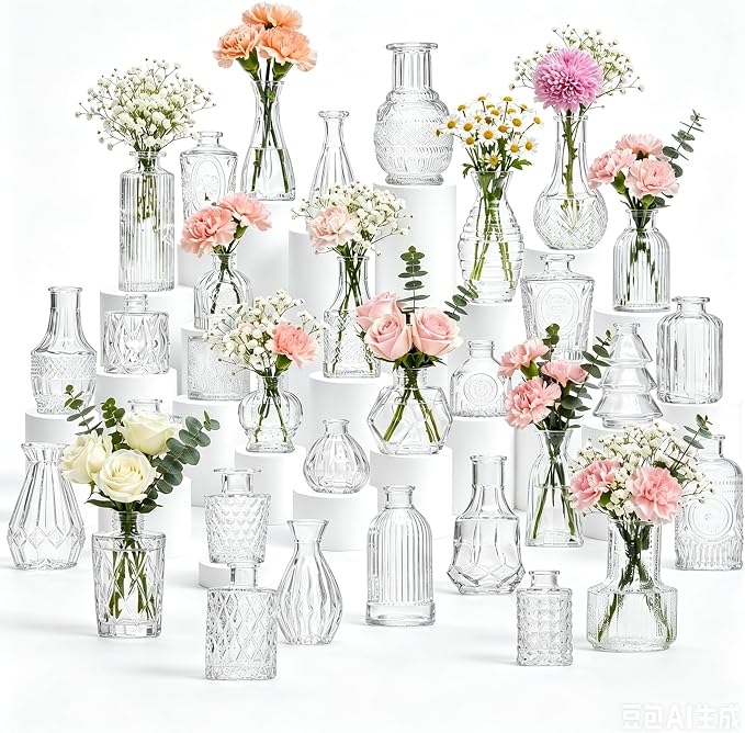 32 Pcs Clear Glass Bud Vases in Bulk, Small Vintage Bud Vase Set by YINGERHUAN