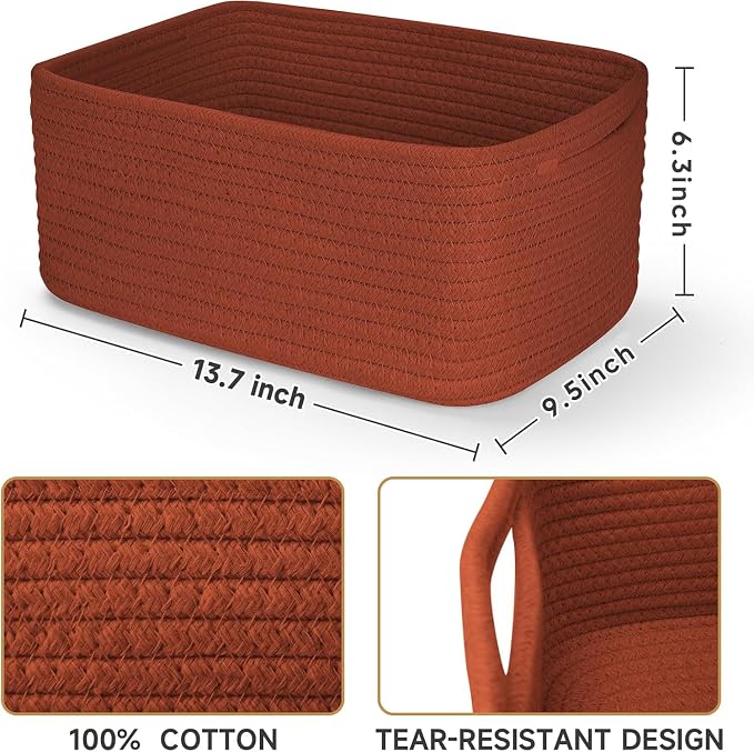 3 Pack Storage Baskets for Organizing, 13.7×9.5×6.3", Brick Red | Woven Baskets - Image 3