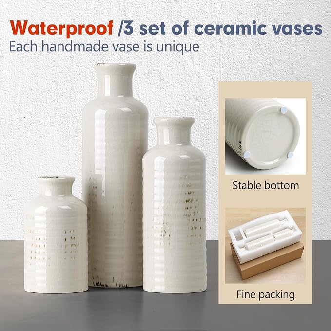 White Ceramic Vase Set of 3, Rustic Vase - Image 3