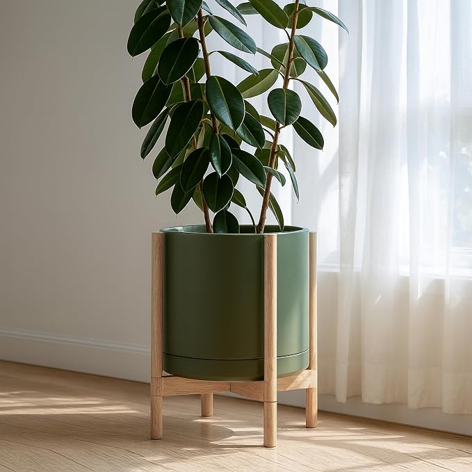 D'vine Dev Ceramic Pot with Natural Wood Stand, 14 in, 55-B-R-J | Mid-Century - Image 2