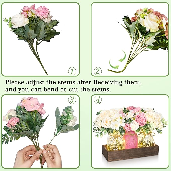 BLEUM CADE 3Pcs Mason Jar with Artificial Roses Flowers Wood Tray and Light | - Image 2