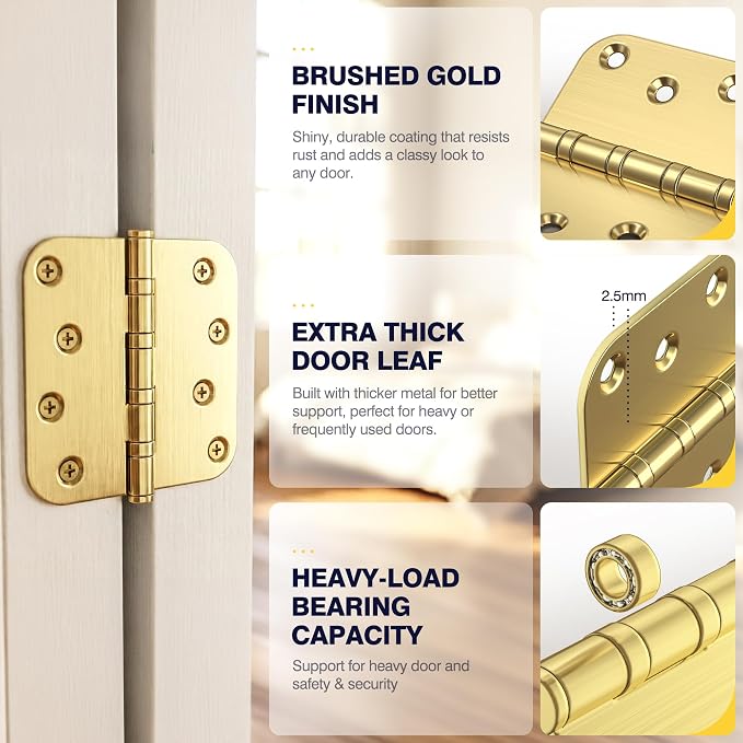 KOLET 4 Inch Brushed Gold Ball Bearing Door Hinges 5/8'' Radius 12 Pack | - Image 5