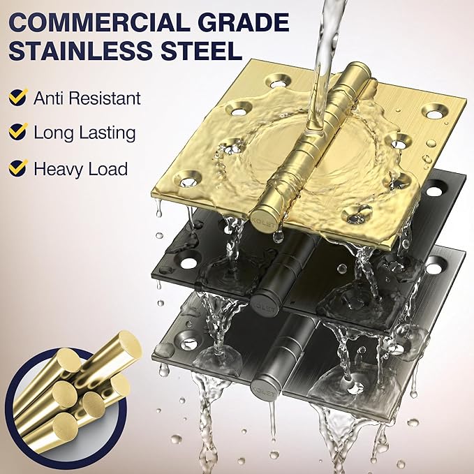 KOLET Ball Bearing Door Hinges, 4 x 4 Inches, Brushed Gold, 3 Pack | Square - Image 3