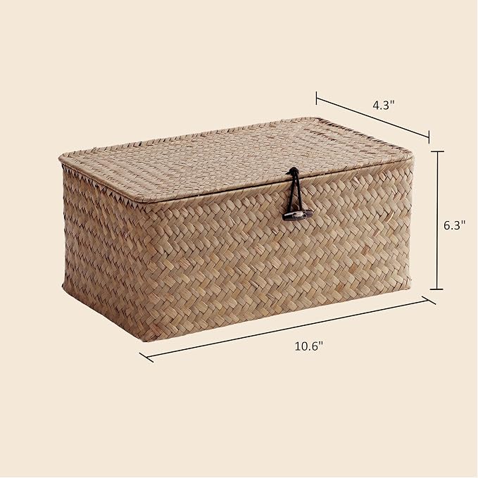 Nonam Small Wicker Basket with Lid, Seagrass Shelf Storage Basket, Coffee | - Image 3