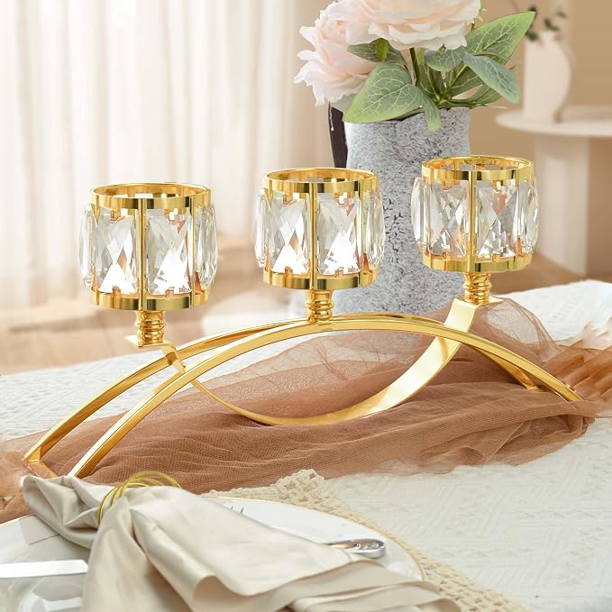 3 Arms Crystal Bowl Tealight Candelabra Votive Candle Stand, Wedding - Image 5