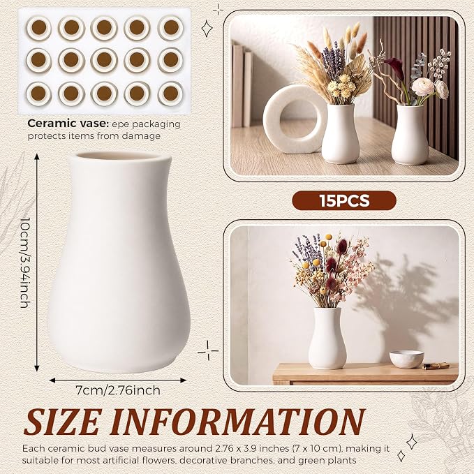 Tioncy 15 Pack White Ceramic Bud Vases Bulk Boho Small Flower Vase White - Image 2