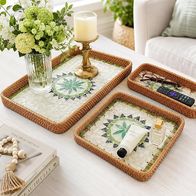i-lan 15" Green Rattan Nesting Tray Set, Mother of Pearl Inlay, mail or - Image 6