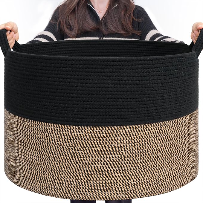 INDRESSME XXXLarge Woven Rope Blanket Basket Living Room Mix Black, 90L | 21.7" by INDRESSME