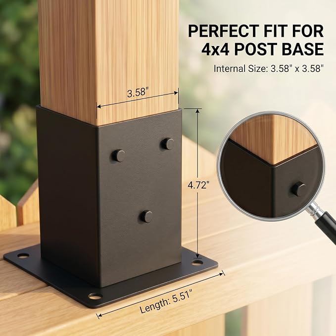 4x4 Post Base Brackets, 3.58'' x 3.58'', Heavy Duty, 2 Pack | Powder-Coated - Image 3
