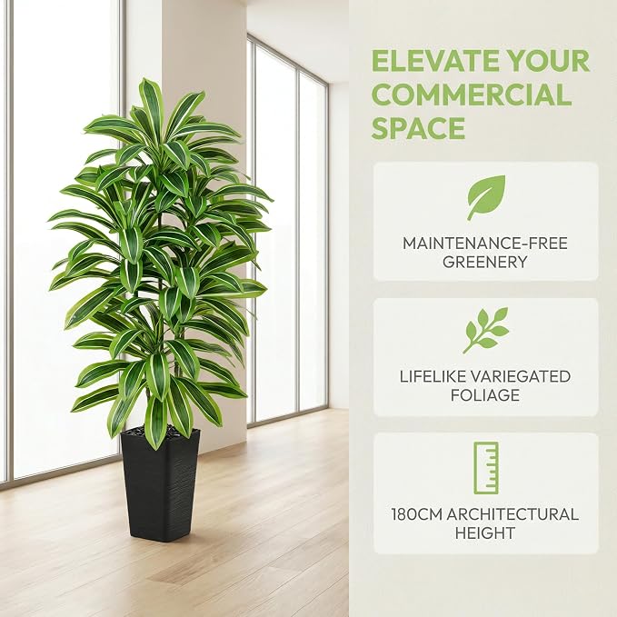 Artificial Dracaena Tree: 6FT Fake Plants Silk Faux Trees（Black Pot） | - Image 6
